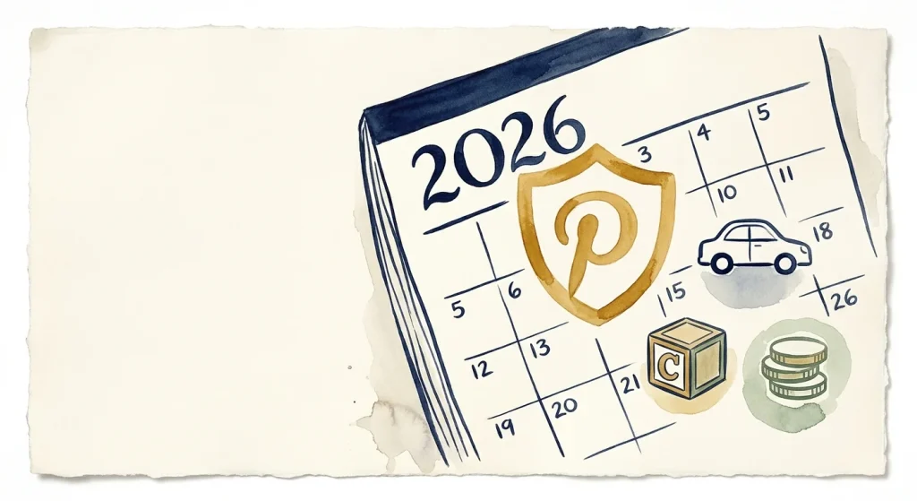 An ink and watercolor illustration of a 2026 calendar protected by a golden shield, surrounded by icons of car loans and family benefits.