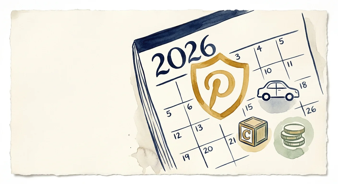 An ink and watercolor illustration of a 2026 calendar protected by a golden shield, surrounded by icons of car loans and family benefits.