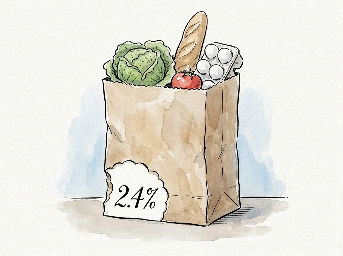 An ink and watercolor illustration of a grocery bag with a small bite taken out of it labeled 2.4 percent.