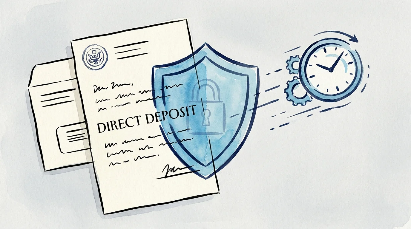 An ink and watercolor illustration of a Social Security document protected by a blue shield icon.