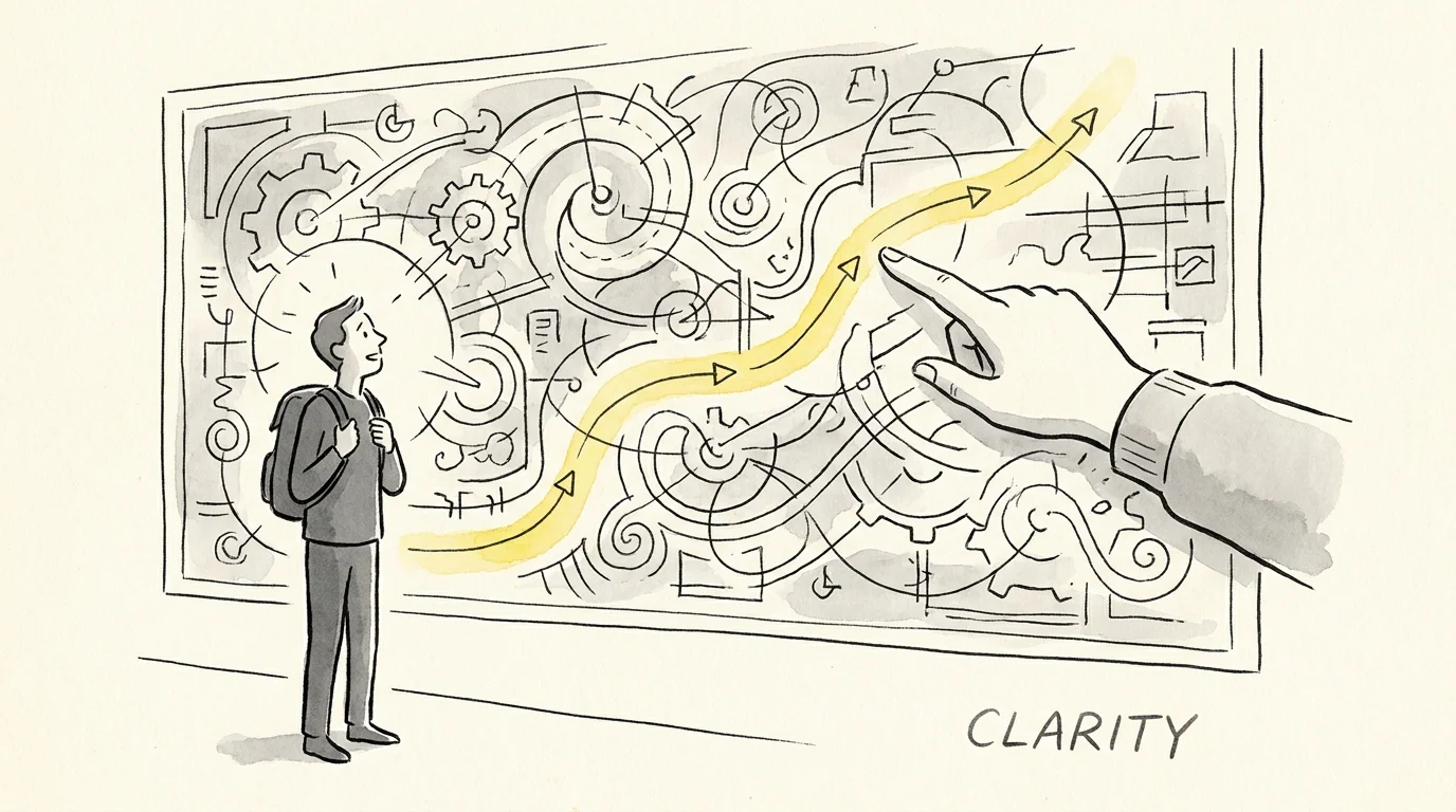 An ink drawing of an advisor's hand pointing out a clear path on a complex financial map for a retiree.
