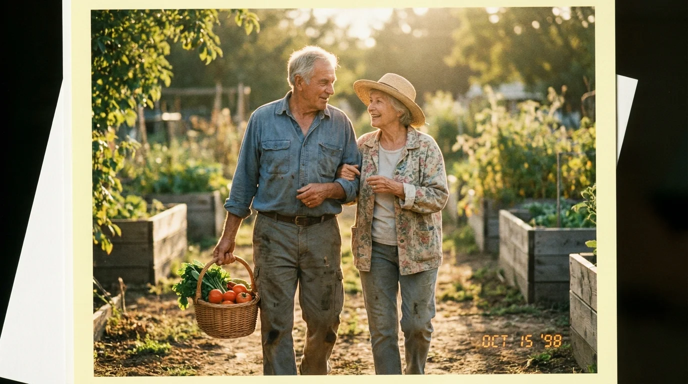 An older couple walking through a garden at sunset, representing the peace of mind that comes with a secure retirement plan.