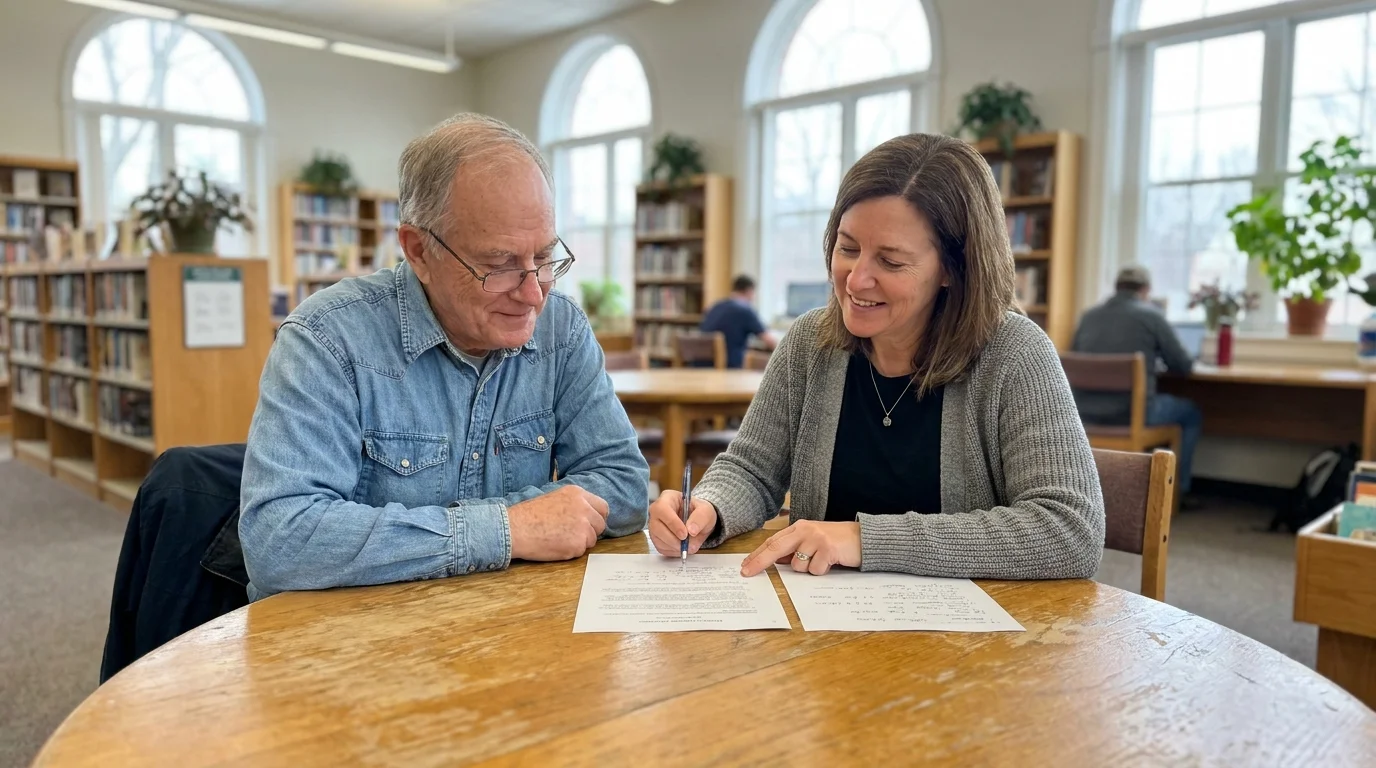 An older man and a career coach sitting together in a library, reviewing a resume and discussing job strategies.