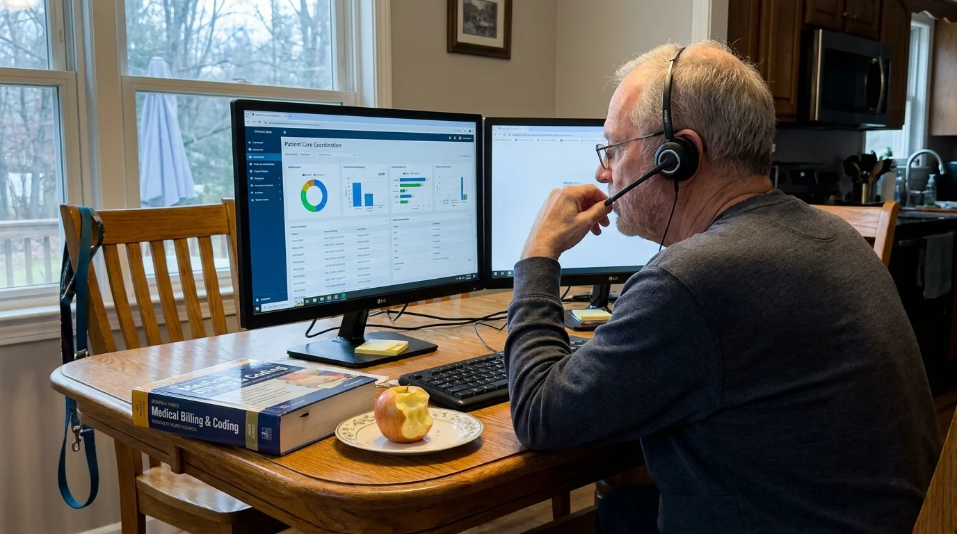 An older man wearing a headset works on healthcare administration tasks from his kitchen table, showing a telehealth work-from-home setup.