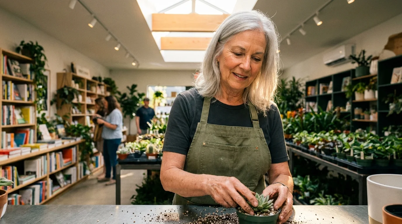 An older woman happily working at a plant nursery, representing the trend of retirees re-entering the workforce.