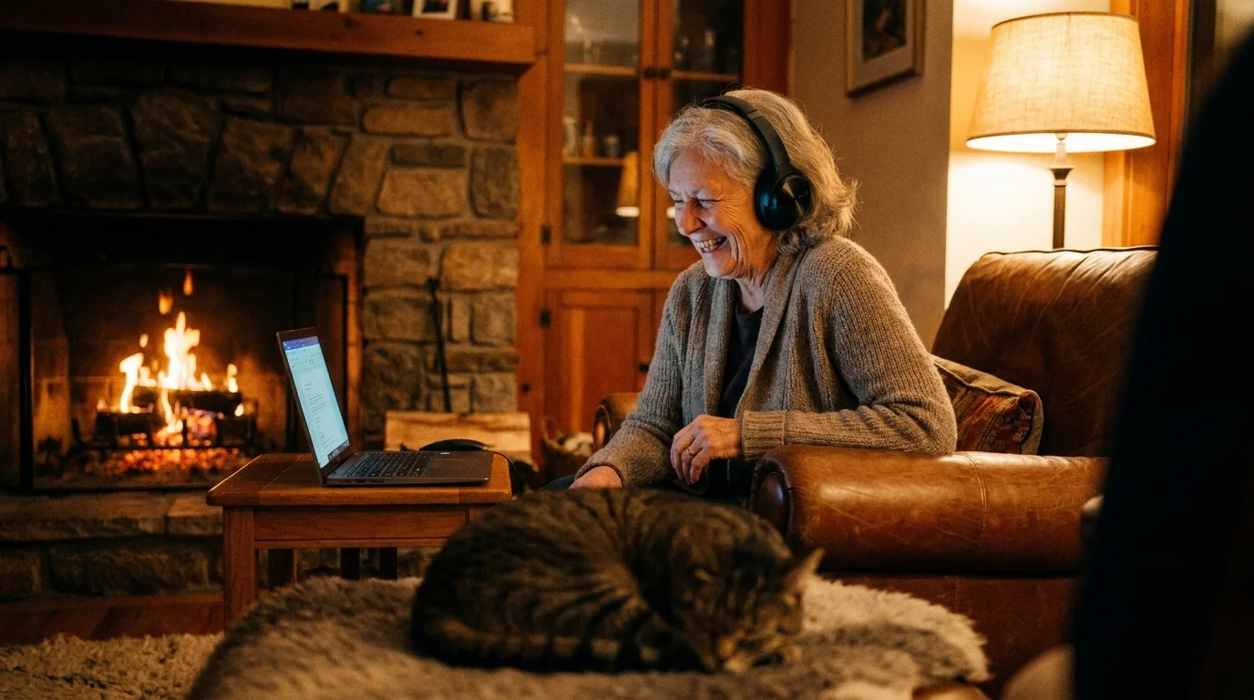 An older woman laughing while working a remote customer support job from a cozy living room with a fireplace.