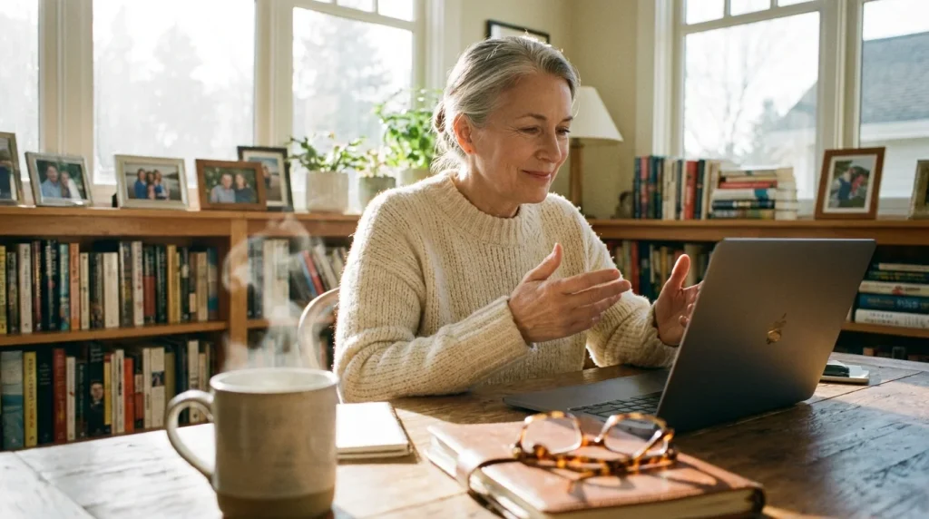 An older woman with silver hair working on her laptop in a sunlit, comfortable home office with a warm and professional atmosphere.