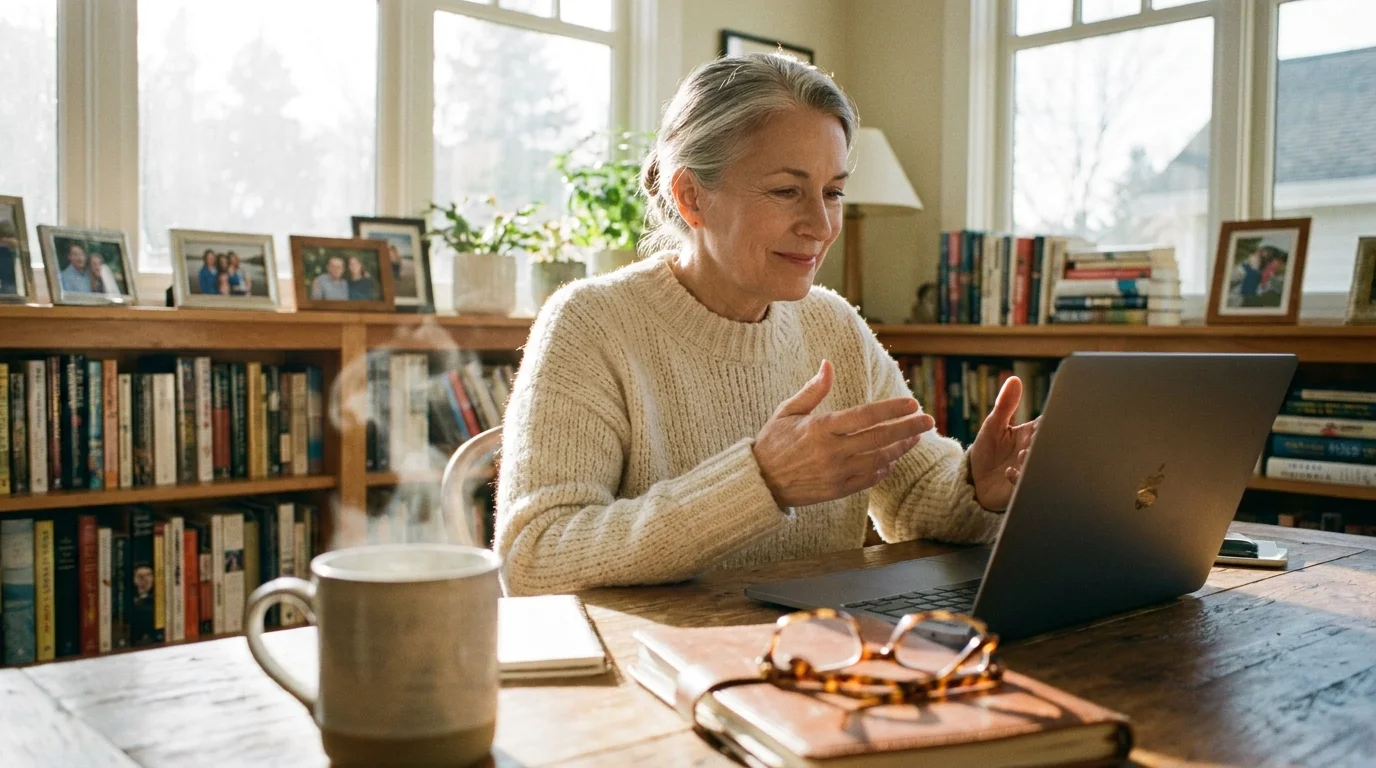 An older woman with silver hair working on her laptop in a sunlit, comfortable home office with a warm and professional atmosphere.