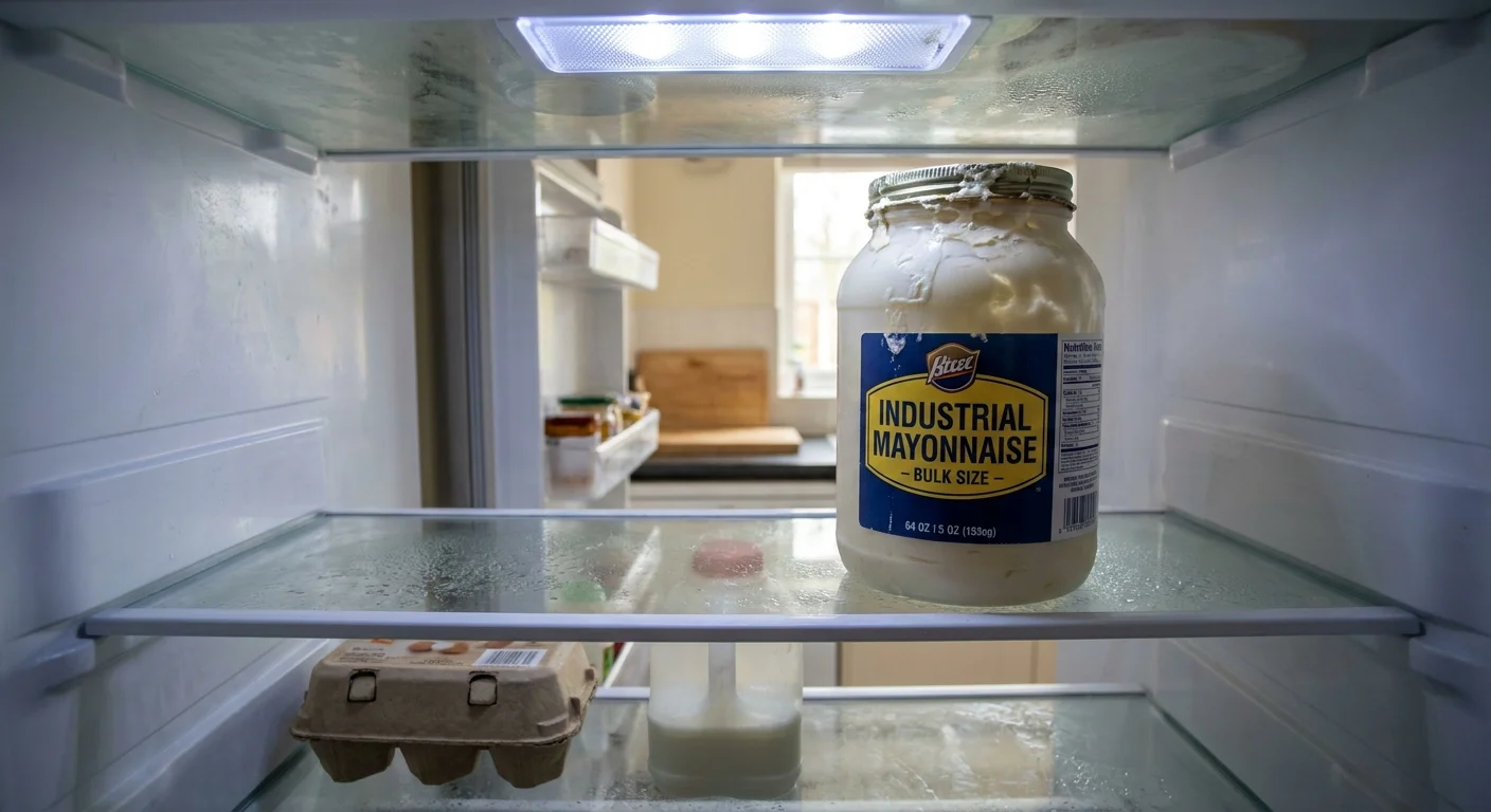 An oversized jar of mayonnaise taking up almost an entire shelf in a standard home refrigerator.