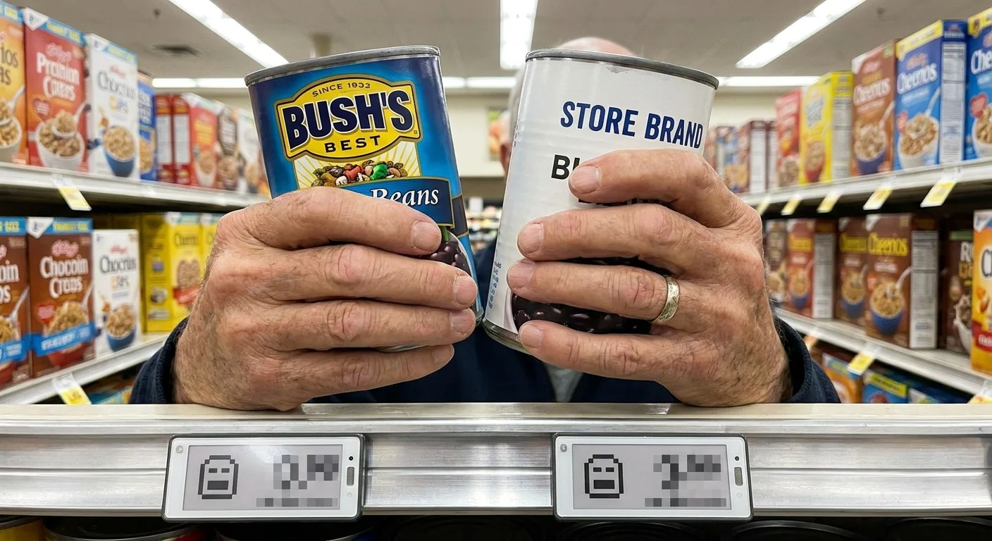 Close-up of a senior's hands comparing a name-brand can and a store-brand can in a grocery aisle.
