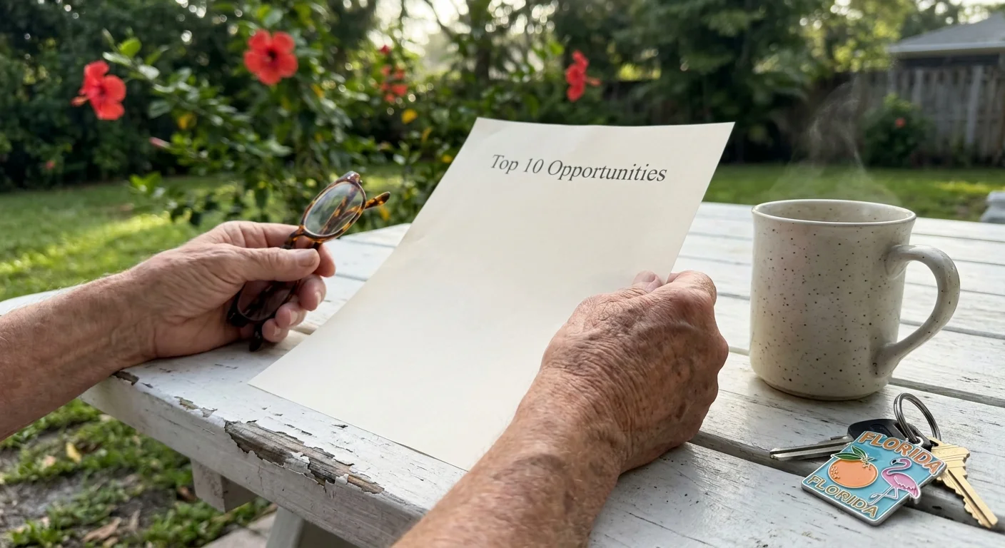 Close-up of a senior's hands holding a list of job opportunities next to a cup of coffee on a sunlit patio.