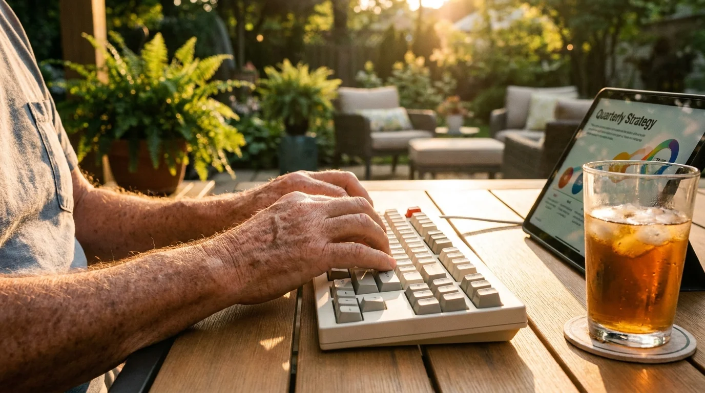 Close-up of an experienced professional's hands typing on a laptop in a relaxed, outdoor-facing workspace.