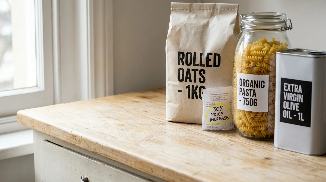 Close-up of generic brand grocery staples like oats and pasta on a wooden kitchen counter, emphasizing value over branding.