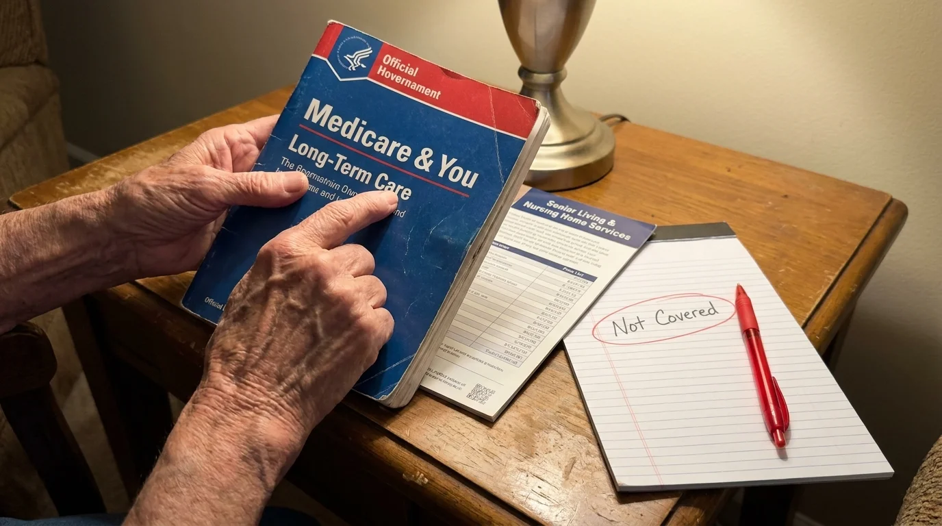 Close-up photo of hands holding a Medicare handbook next to a note that says 'Not Covered' regarding long-term care.