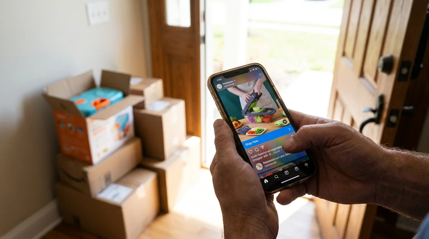 Hands holding a smartphone with a social media shopping feed, with delivered packages visible in the blurred background.