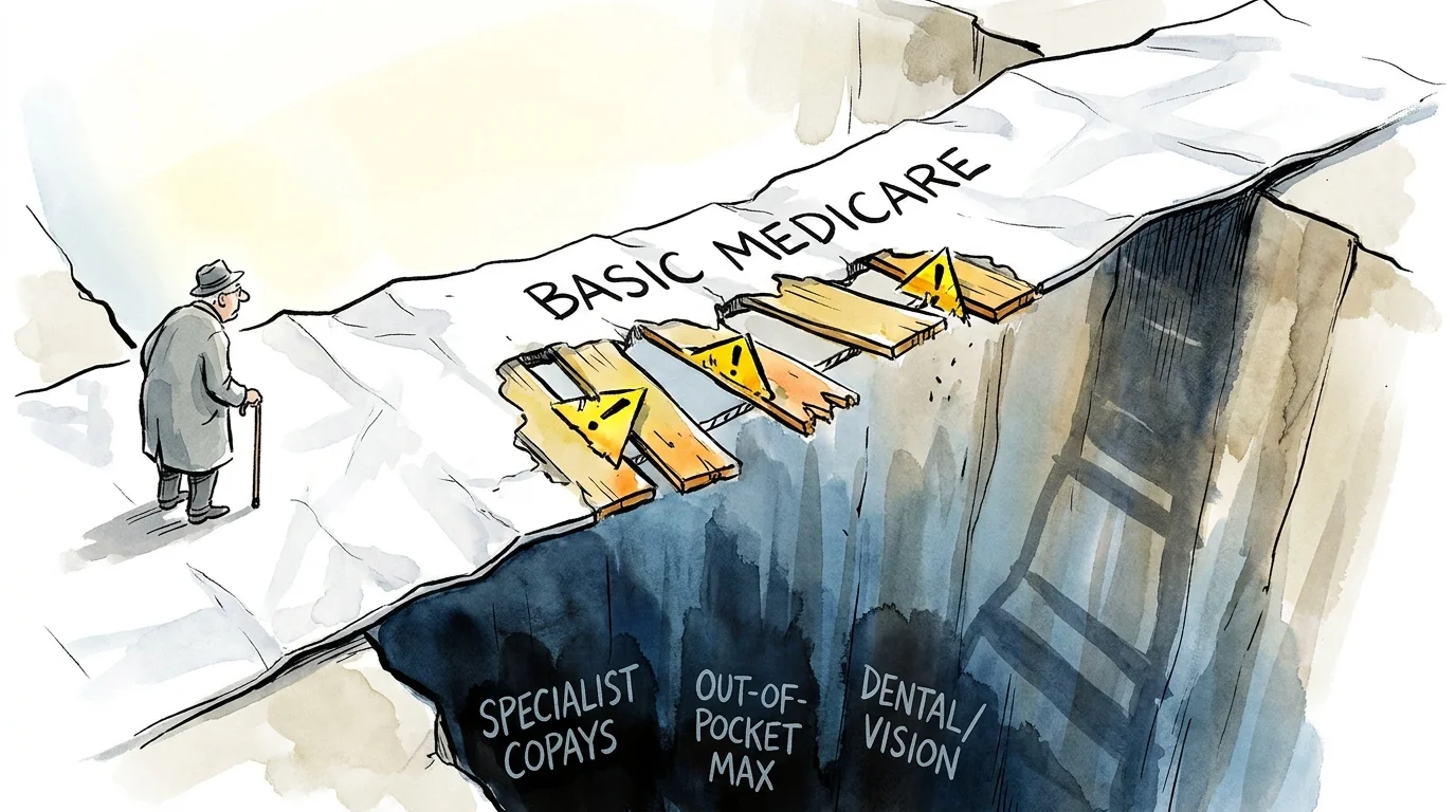 Ink and watercolor illustration of a bridge with missing planks representing gaps in basic Medicare coverage.