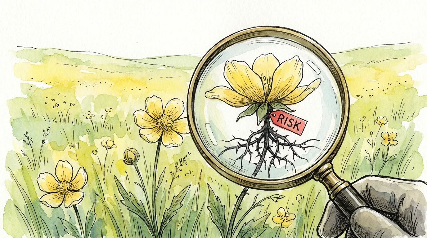 Ink and watercolor illustration of a magnifying glass revealing thorns under a beautiful flower.