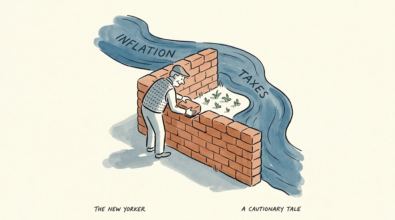 Ink and watercolor illustration of a man building a wall that fails to stop a rising tide labeled Inflation and Taxes.