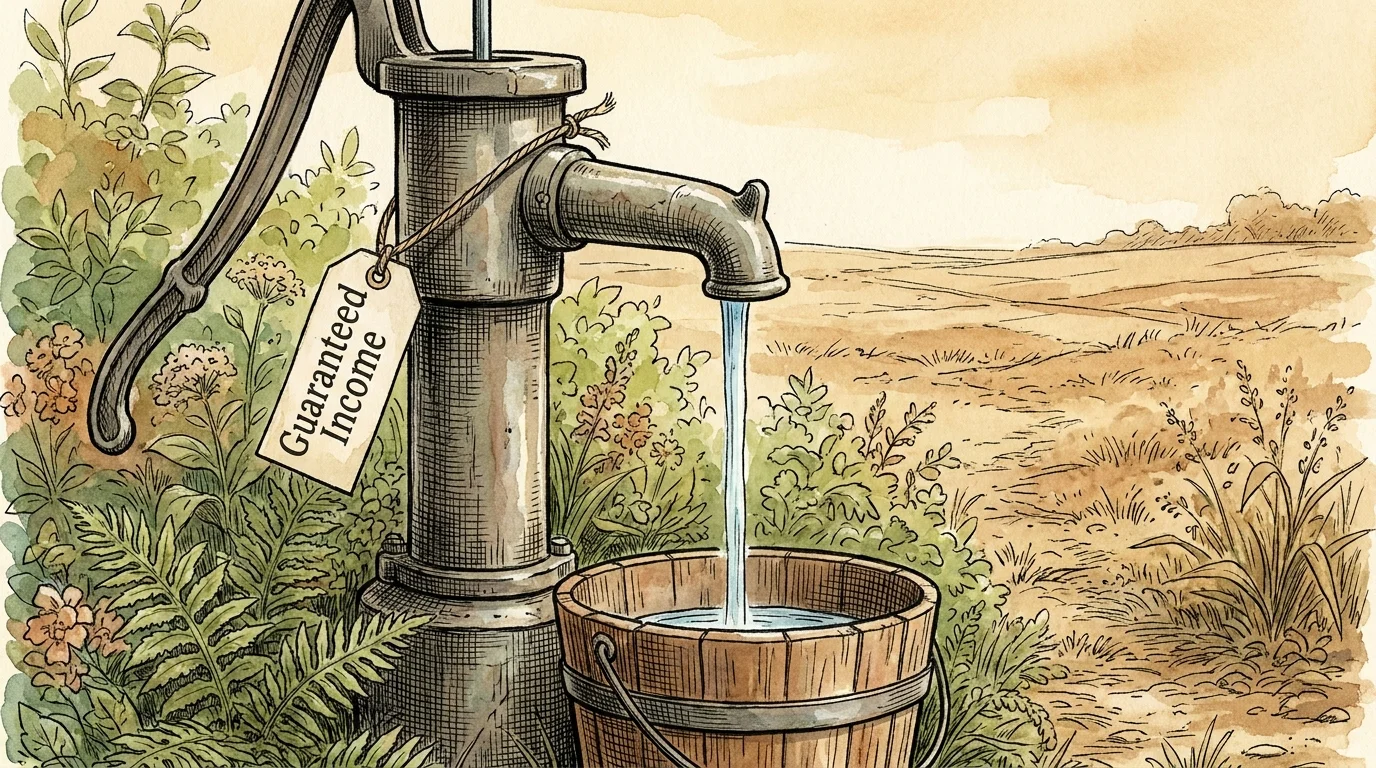 Ink and watercolor illustration of a water pump providing a steady stream to a garden during a drought.