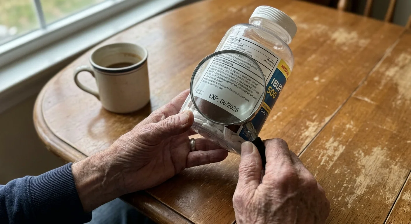 Magnified view of an expiration date on a giant bottle of painkillers held by an older person.