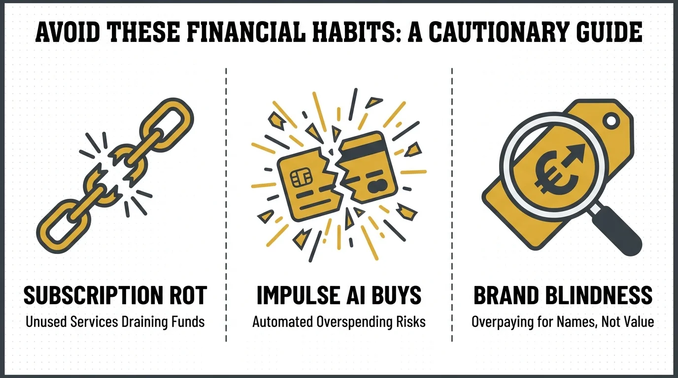 Three panels with icons and text warnings against 'Subscription Rot', 'Impulse AI Buys', and 'Brand Blindness'.