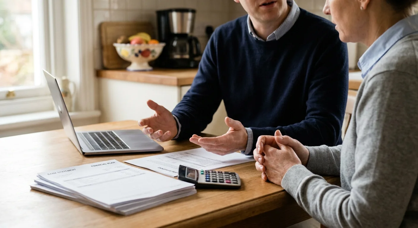 Two people in a home setting discussing financial paperwork over a kitchen table with a laptop and calculator.