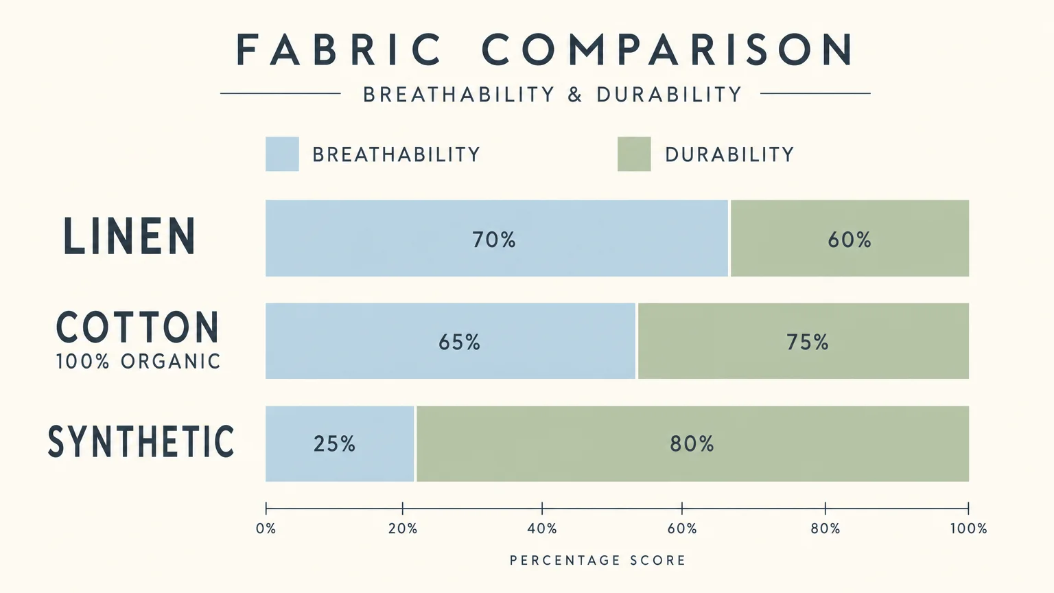 A bar chart comparing the breathability and durability of linen, organic cotton, and synthetic blends.