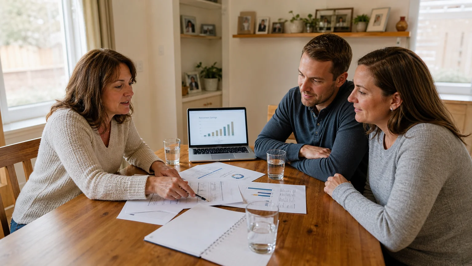A casual financial advisor reviews documents with a couple at their kitchen table in a warm, naturally lit home environment.