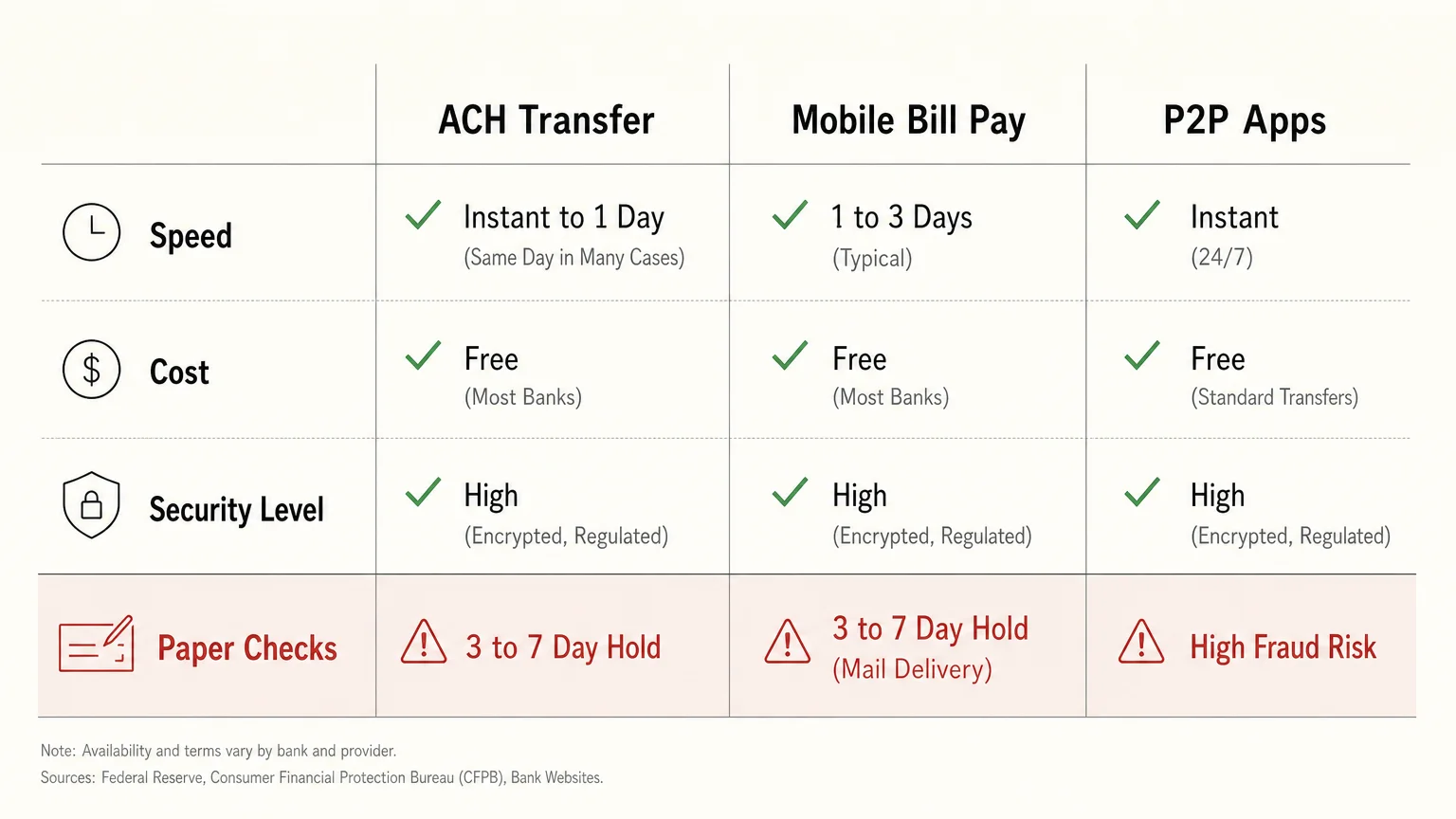 A clean horizontal table comparing ACH, mobile bill pay, and P2P apps against paper checks on speed, cost, and security.