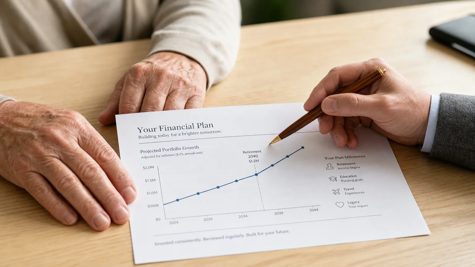 A close-up of a senior client and a financial planner reviewing a positive growth chart together at a wooden table.
