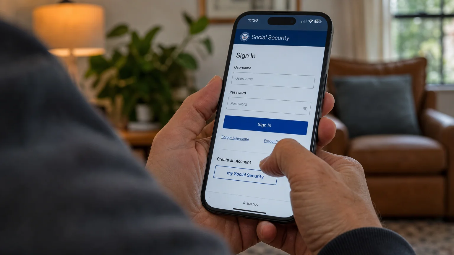 A close-up over-the-shoulder shot of a person using their smartphone to log into their Social Security account.