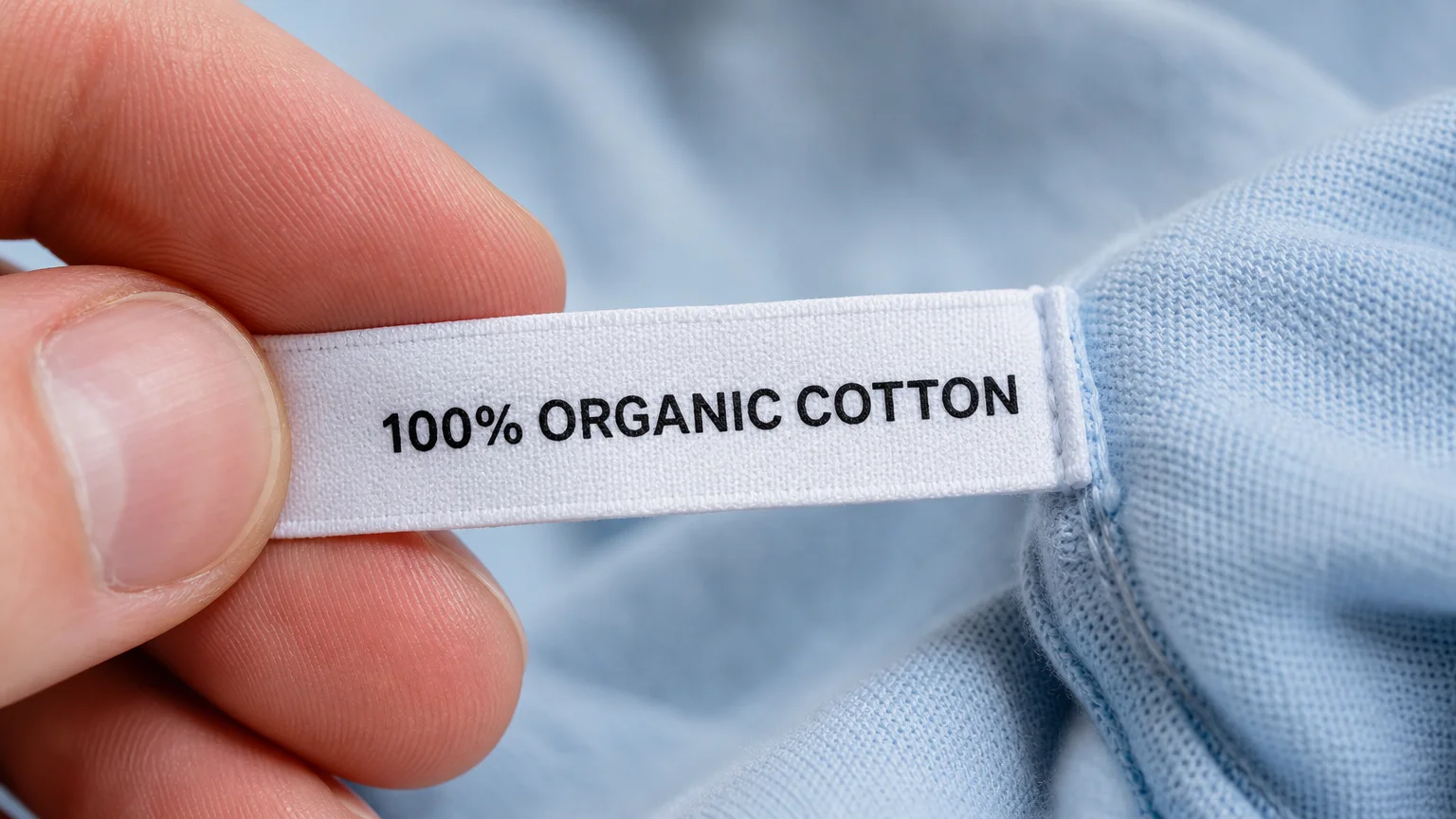 A close-up photo of a clothing tag that says 100 percent organic cotton.