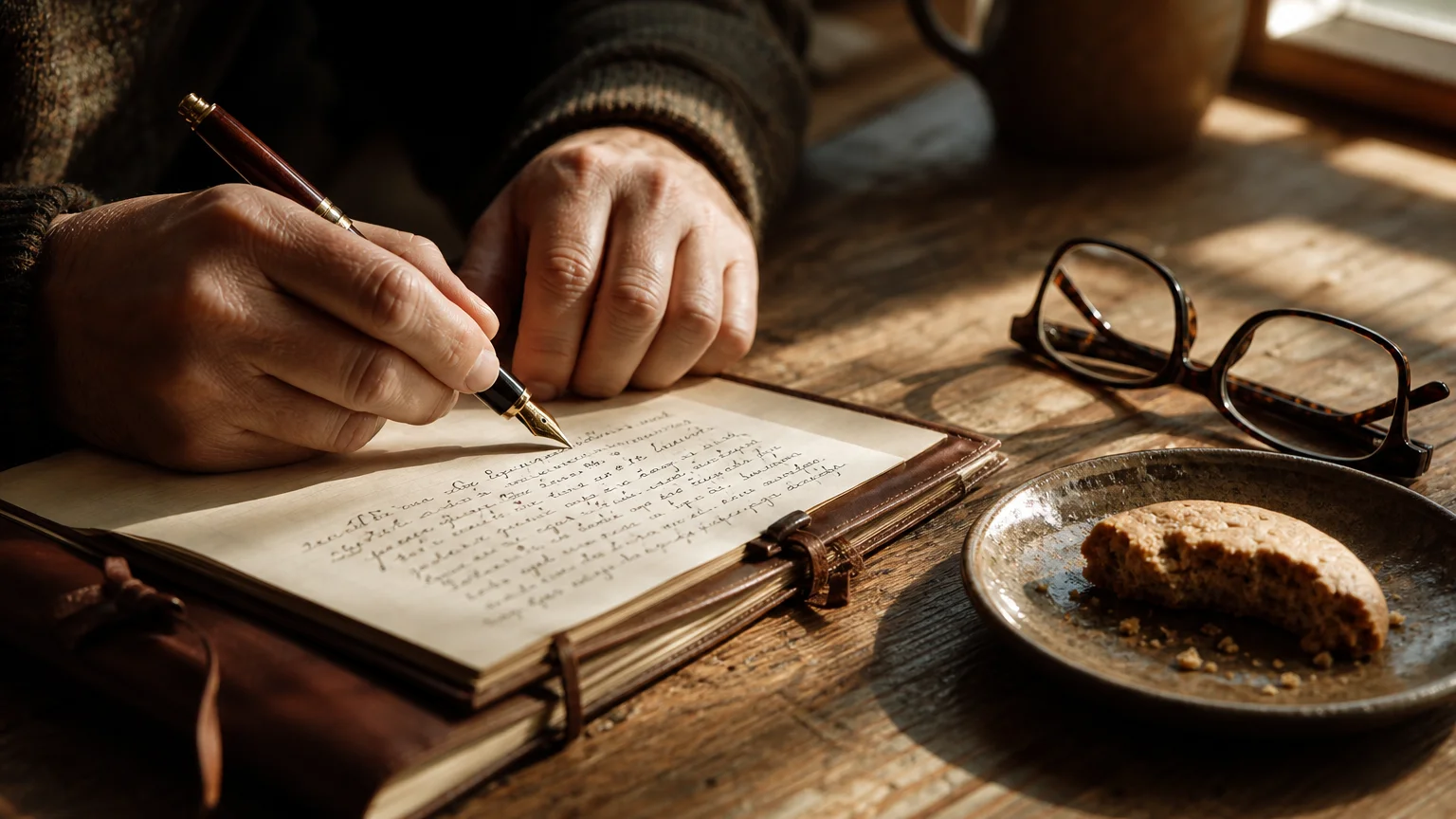 A close-up shot of hands writing notes in a leather journal on a warm wooden table.