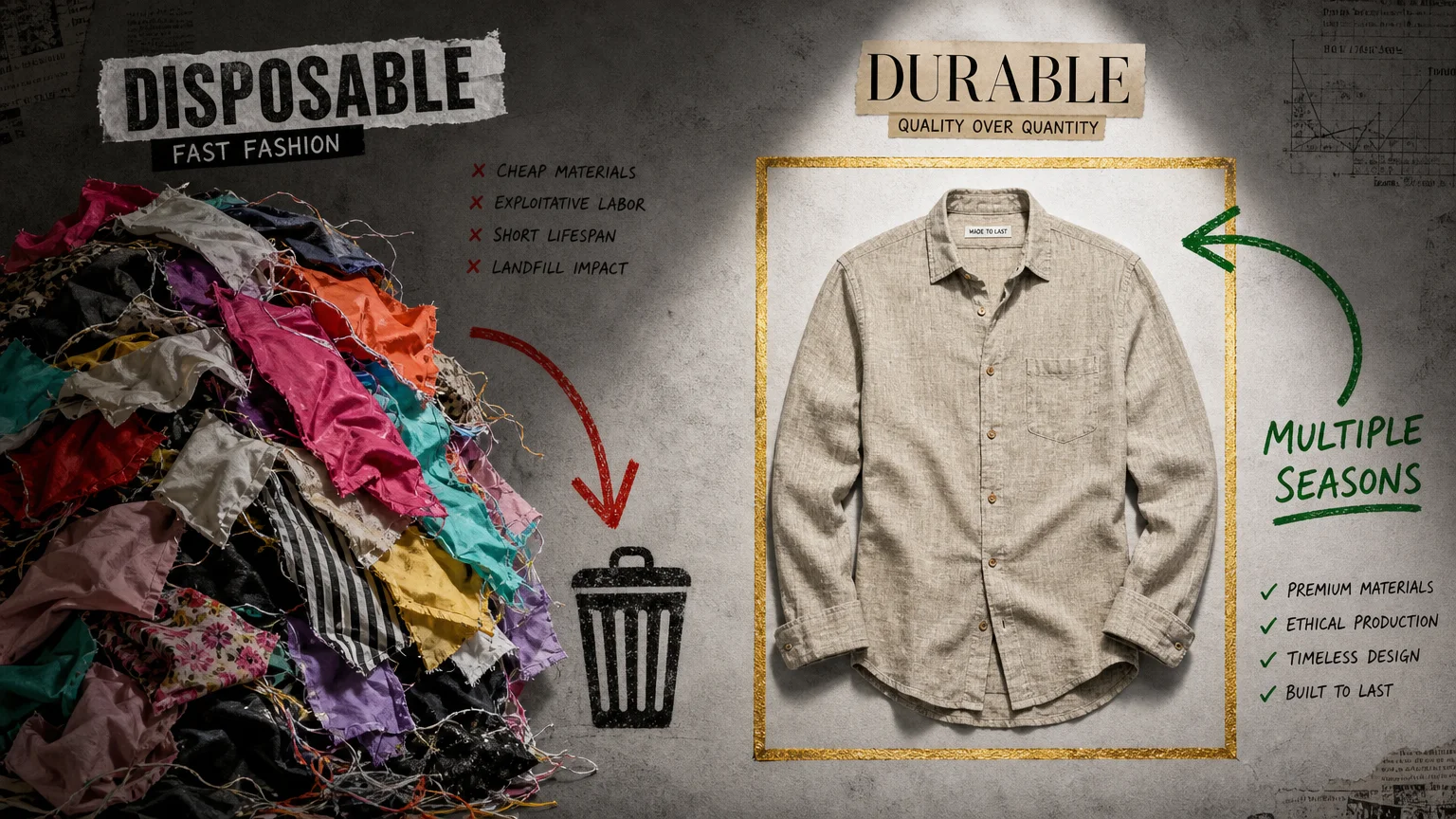 A collage contrasting a pile of frayed colorful clothes with one high-quality linen shirt.
