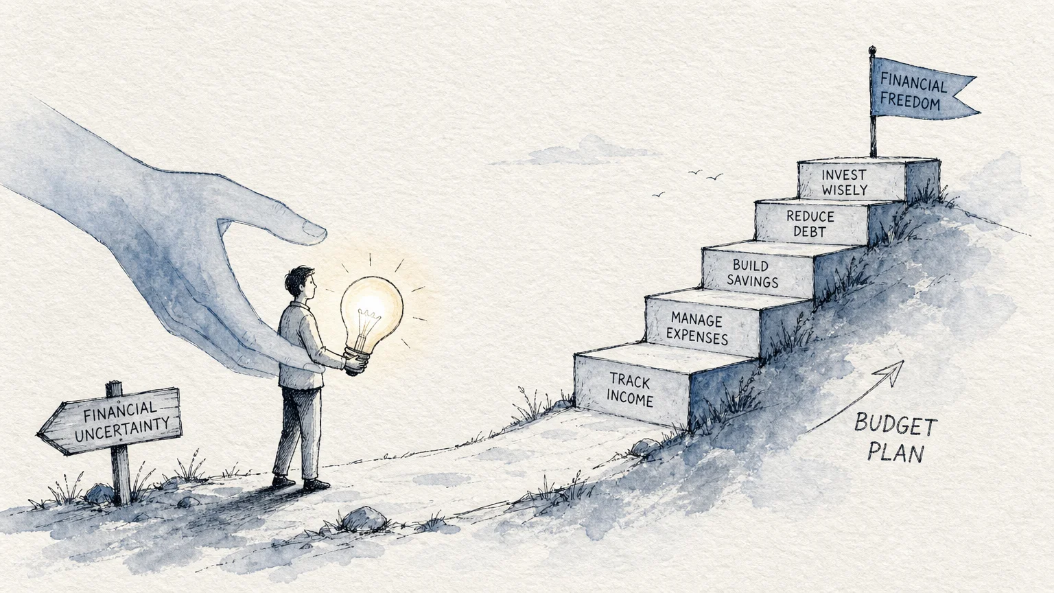 A conceptual illustration of a person being guided by a large hand toward a budget plan.