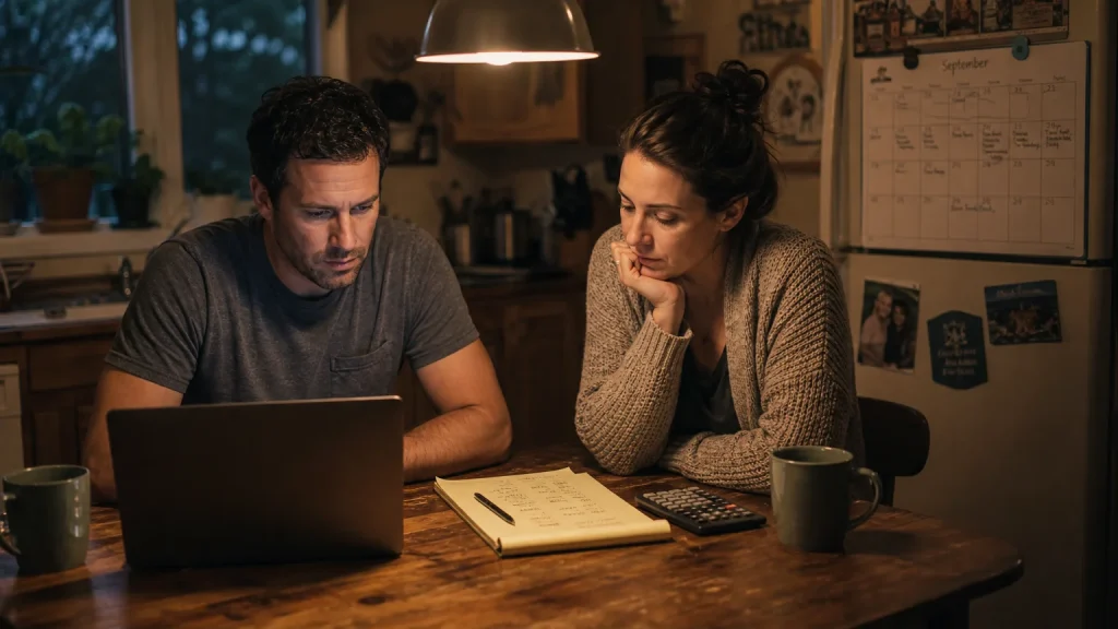 A couple sits at their kitchen table at dusk, reviewing paper budgets and a laptop screen under a warm overhead light.