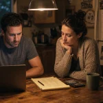 A couple sits at their kitchen table at dusk, reviewing paper budgets and a laptop screen under a warm overhead light.
