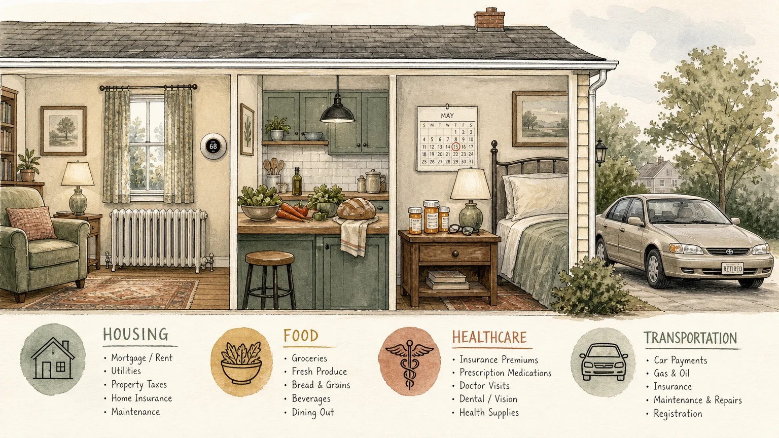 A delicate watercolor and ink cross-section illustration of a house showing everyday retirement costs: housing, food, medicine, and transpor