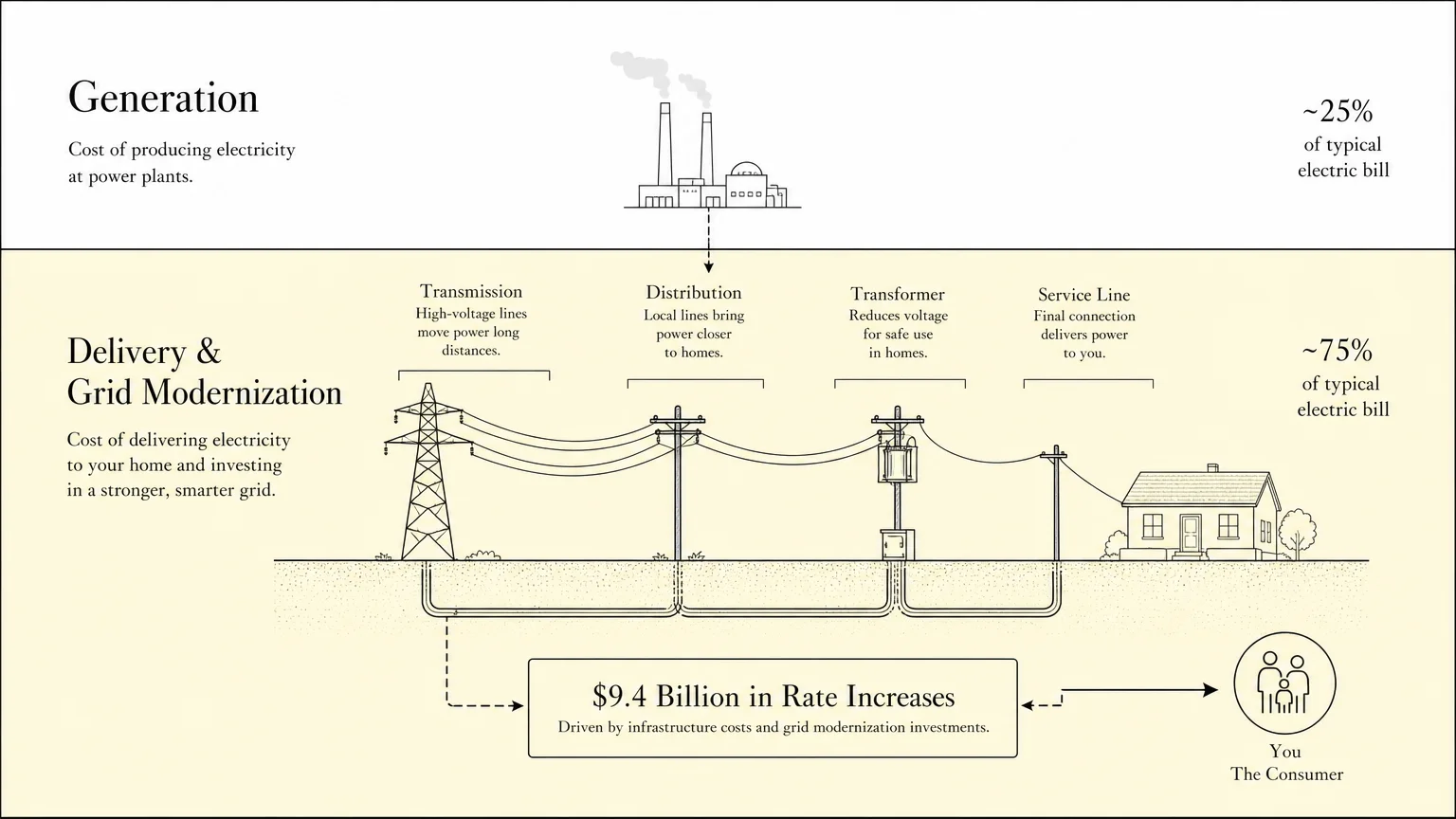 A diagram showing the split between generation costs and the larger grid delivery charges, including the $9.4 billion figure.
