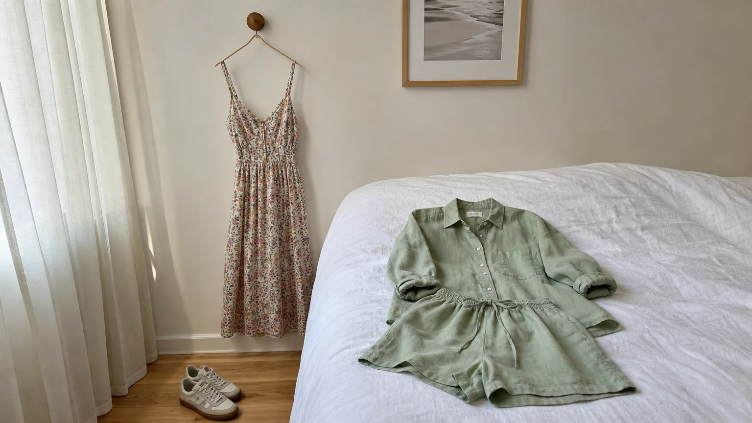 A floral sundress and a matching linen set laid out in a bright, simple bedroom.