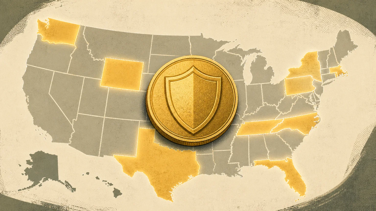 A graphic screenprint-style map of the United States with specific regions glowing in gold, symbolizing state tax exemptions.