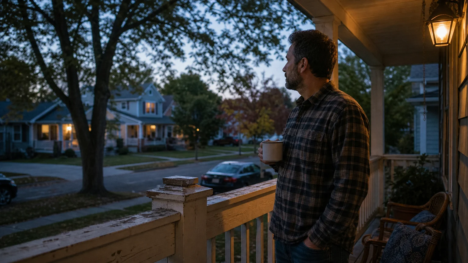 A man in a flannel shirt stands on his suburban porch at twilight, holding a mug and looking out at his quiet neighborhood.