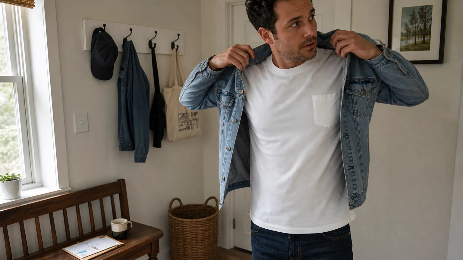 A man in a white t-shirt putting on a denim jacket in a sunlit home entryway.