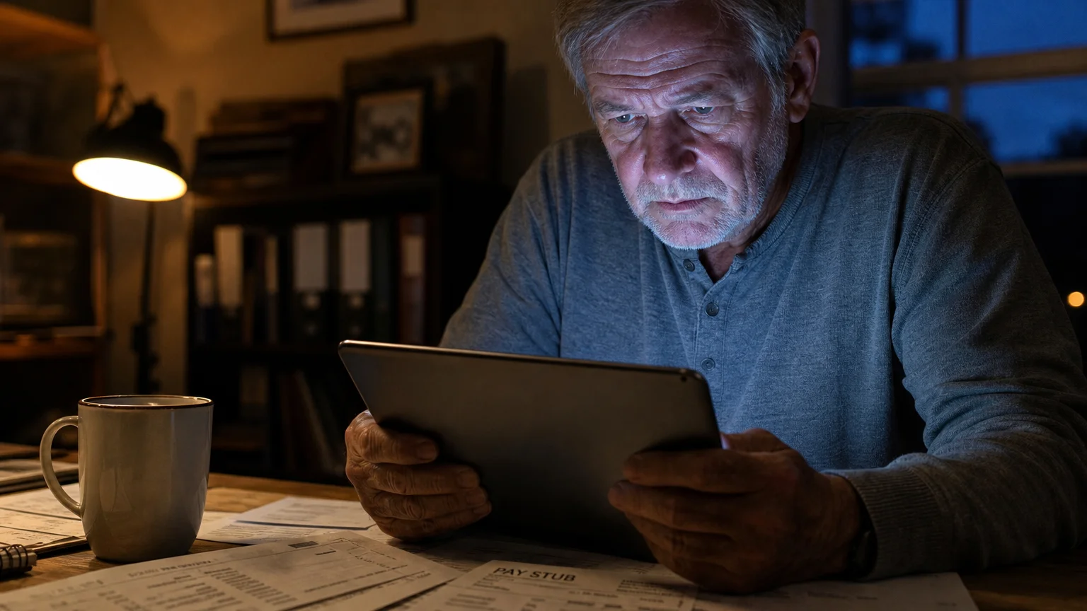 A man looks closely at a tablet screen in a home office, illustrating the care needed to avoid common Social Security mistakes.