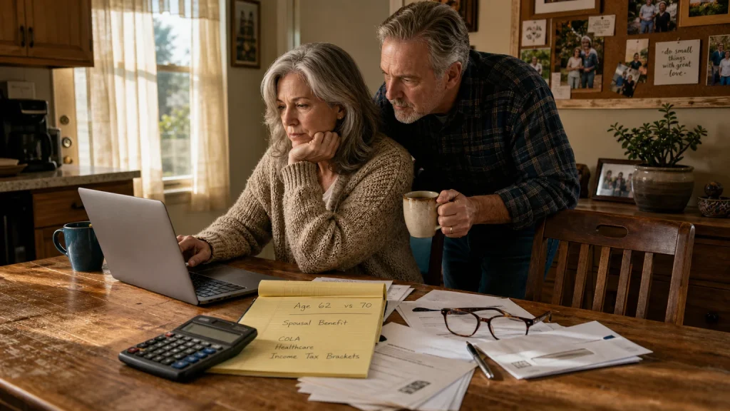 A mature couple sits at a kitchen table surrounded by paperwork and a laptop, focused on their retirement planning in soft morning light.