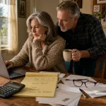 A mature couple sits at a kitchen table surrounded by paperwork and a laptop, focused on their retirement planning in soft morning light.