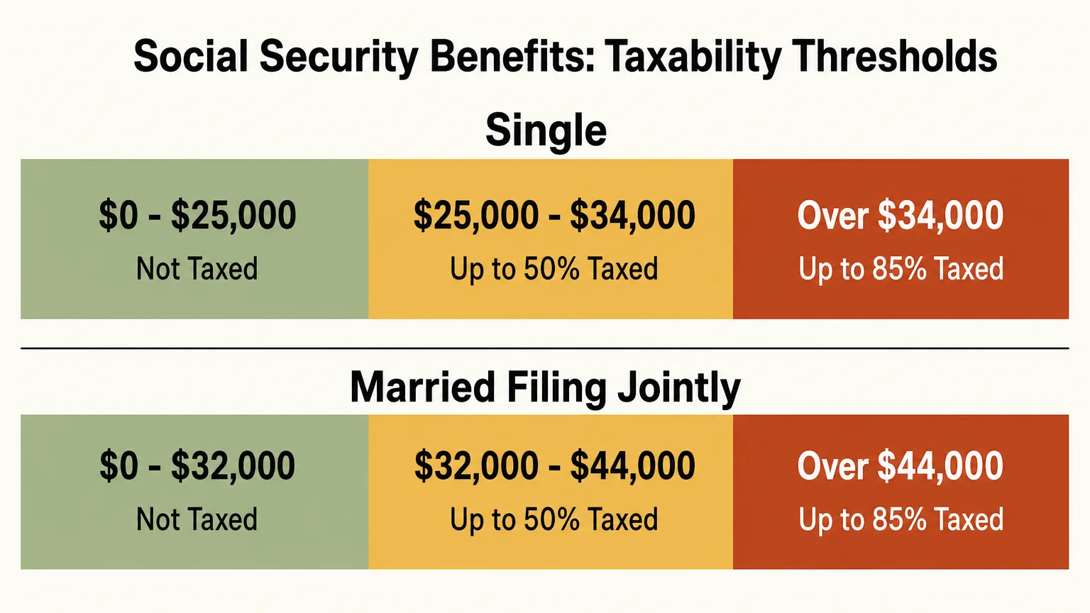 A minimalist chart displaying the federal income tax thresholds for both single and married Social Security beneficiaries.