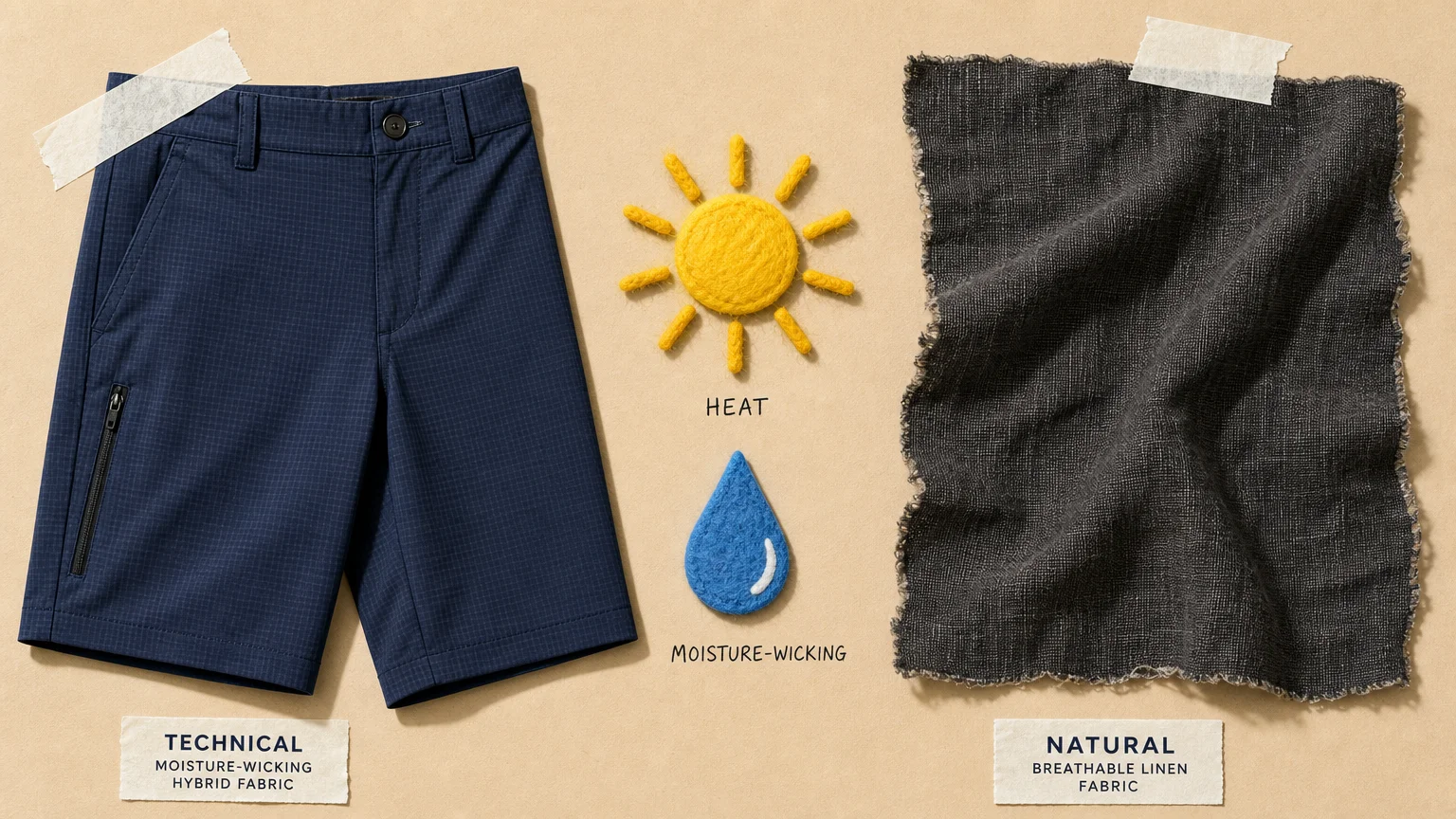 A minimalist collage comparing the textures of navy technical shorts and charcoal linen trousers.