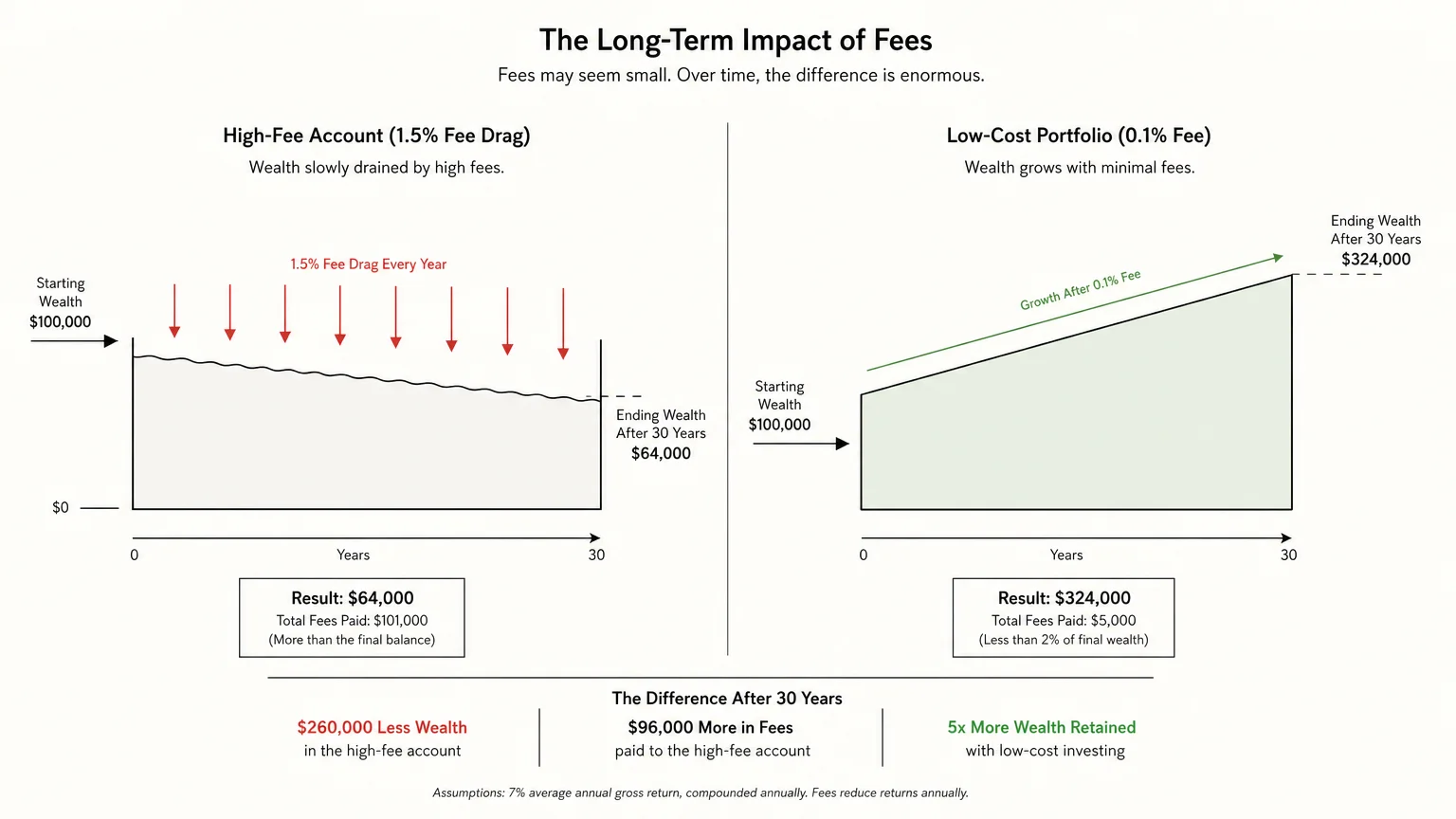 A minimalist flowchart comparing how a 1.5% fee drag drains wealth versus how a 0.1% fee portfolio builds it.