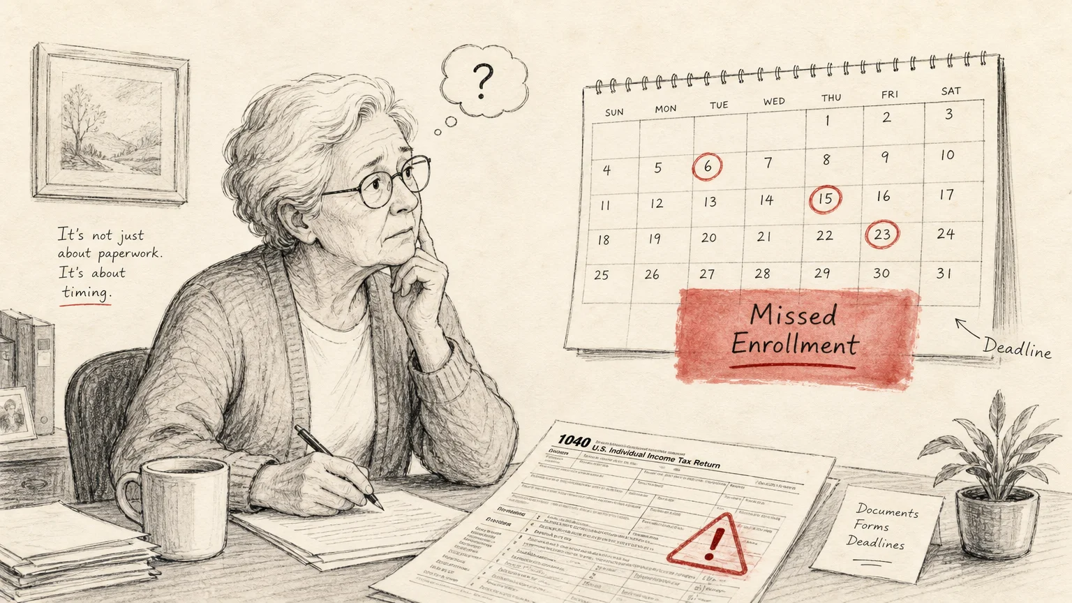 A minimalist ink sketch of a retiree looking at a calendar with highlighted dates, symbolizing the importance of tax deadlines.